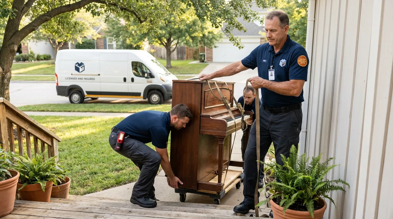 Licensed piano movers securing grand piano in Danville, OH