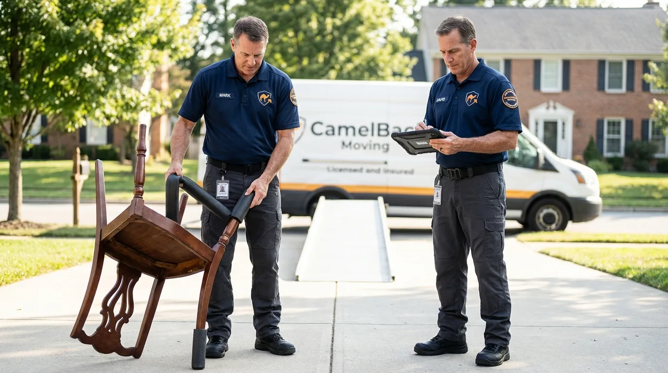 Movers inspecting furniture for damage prevention before loading in Danville, OH